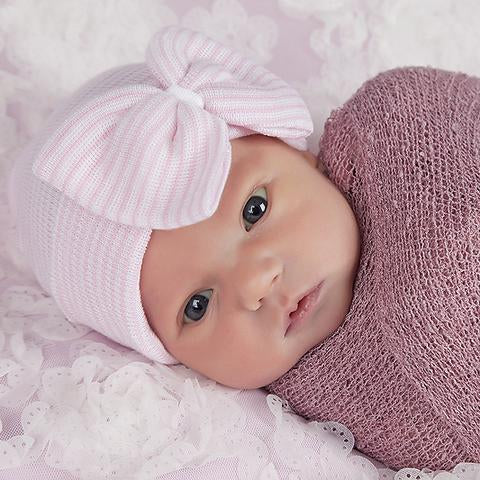 ilybean So Sweet Pink and White Striped Hospital Hat with Pink Ribbon Bow