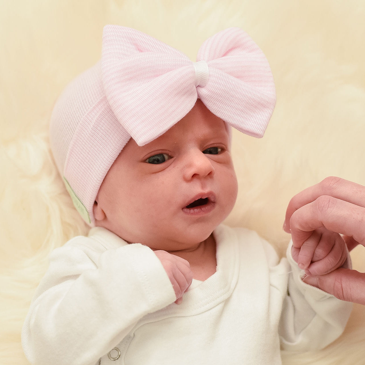 ilybean So Sweet Pink and White Striped Hospital Hat with Pink Ribbon Bow