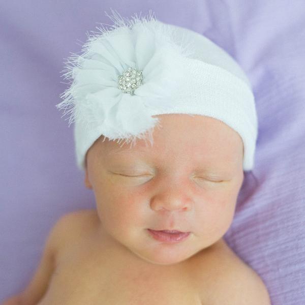 ilybean White Hat with a White Fairy Frayed Flower Newborn Girl Hat