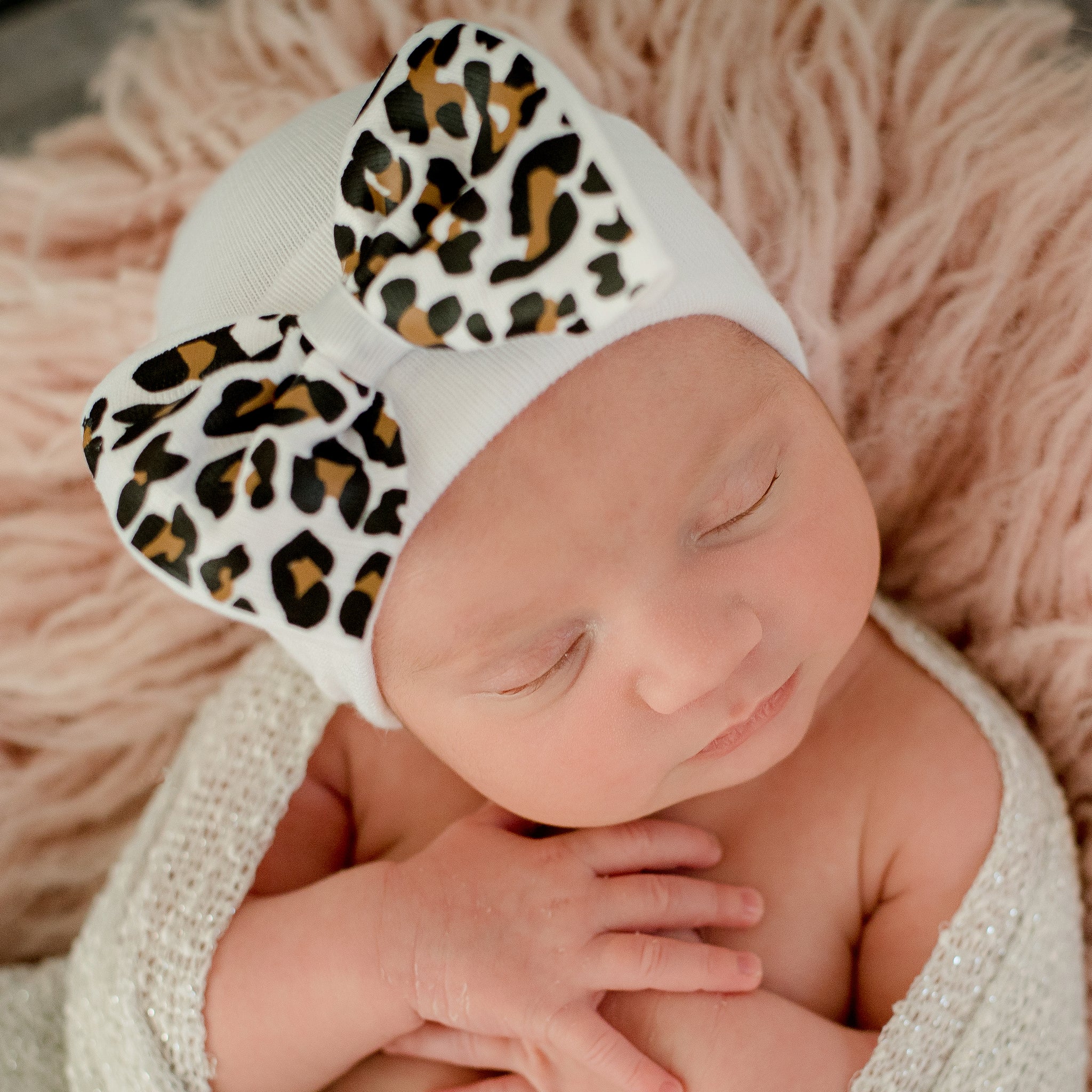 White Lucy Leopard Bow Baby Newborn Girl Hospital Hat - White Hat with Leopard Bow