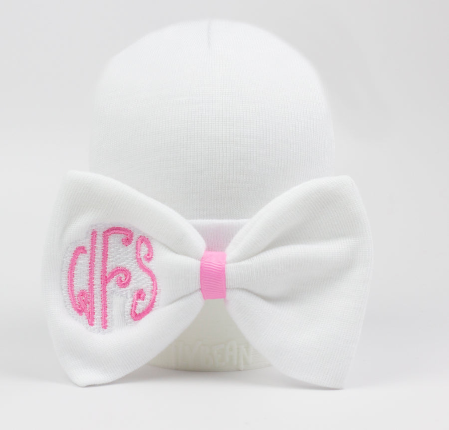 ilybean Willa White Bow Hospital Hat with Pink Ribbon Bow  - Newborn Girl Hospital Hat