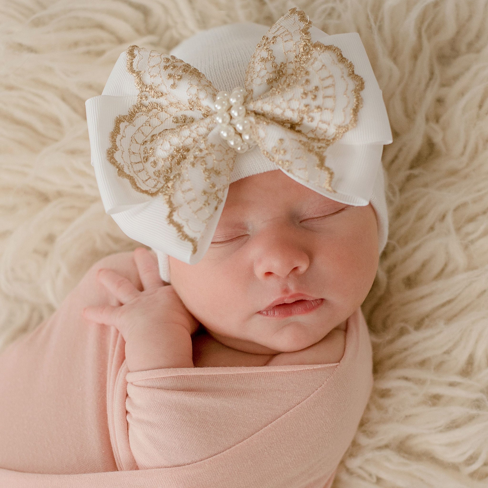 Elegant Gold Lace with Pearl Strand Newborn Girl Hospital Hat - White or Pink Baby Girl Hat - Newborn Hospital Hat for Girls - Gold Lace
