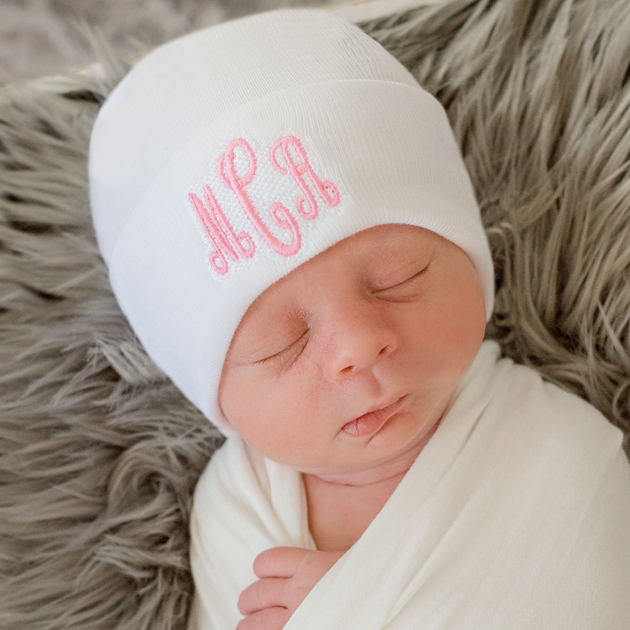 ilybean Monogram Personalized Shadow Stitch Pink , White or Blue Hospital Newborn Hospital Hat Nursery Beanie
