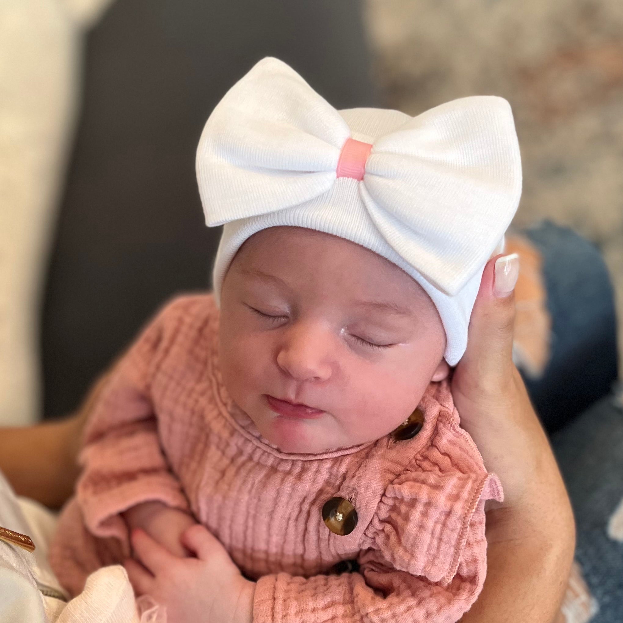 White Bow with Pink (or White) Center Monogrammed Initials Nursery Newborn GIRL hospital hat