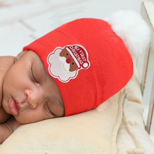 My First Christmas Santa Red Newborn and Baby Hospital Hat with Fuzzy White Pom Pom