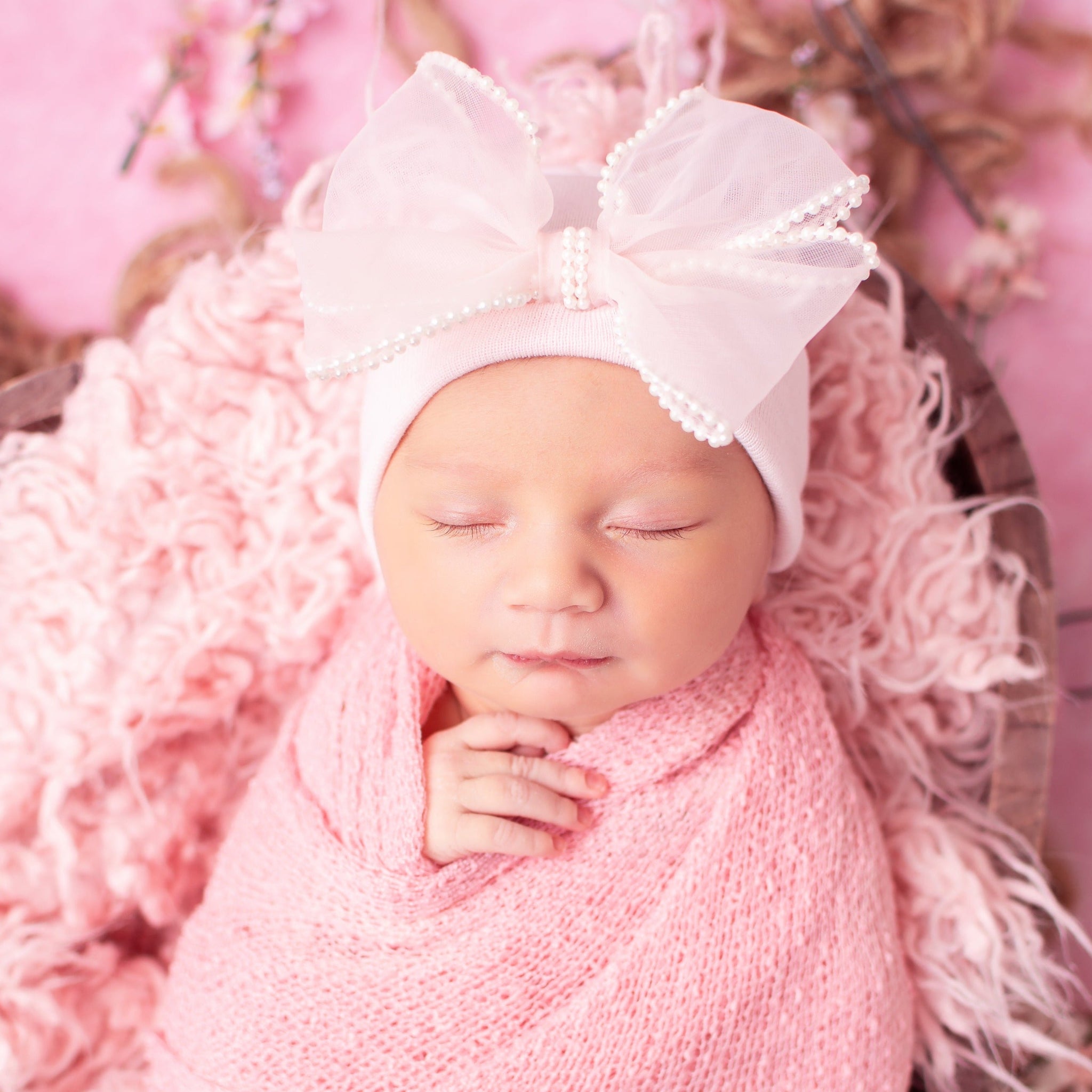 Chiffon and Pearl Trimmed Bow WHITE or PINK Newborn Girl Hospital Hat