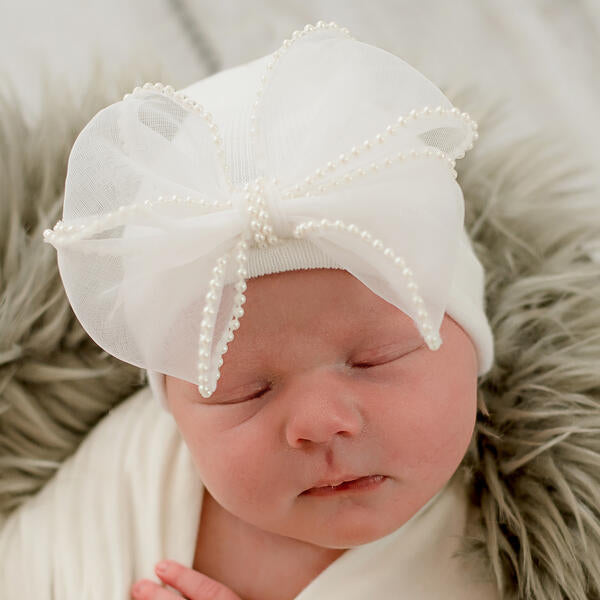 Chiffon and Pearl Trimmed Bow Pink or White Newborn Girl Hospital Hat