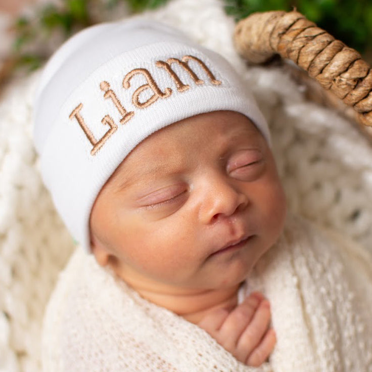 ilybean Personalized Shadow Stitch Blue, Pink or White Hospital Newborn Hospital Hat Nursery Beanie
