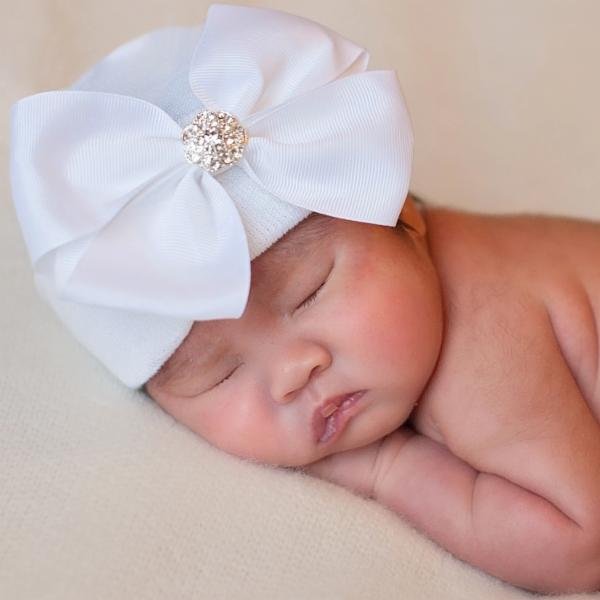 ilybean Snow White Bow Newborn Girl Hospital Hat White Ribbon Bow