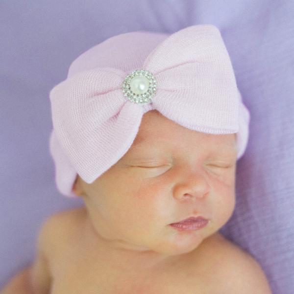 ilybean Eloise White Big Bow Newborn Girl Hospital Hat with Pearl Rhinestone Center