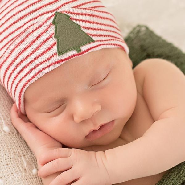 ilybean Striped or Solid White Christmas Tree Hospital Hat - Gender Neutral - Boy or Girl Newborn Hat