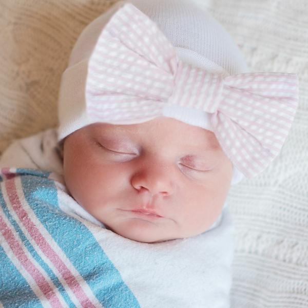 ilybean Seersucker Stripe Pink and White Bow Newborn Girl Hospital Hat Newborn Girl Hat