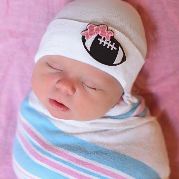 ilybean White or Pink Football Bow Patch Newborn Girl Hospital Hat -Football Newborn Girl Hat