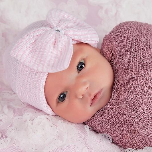 ilybean Pink and White Striped Big Bow Newborn Girl Hospital Hat with Gem
