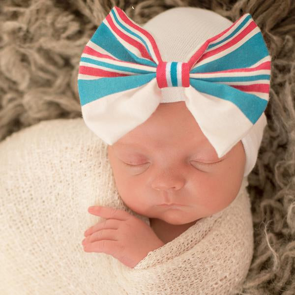 Monogrammed Striped Hospital Blanket Bow White Hospital Hat Newborn Girl Hospital Hat