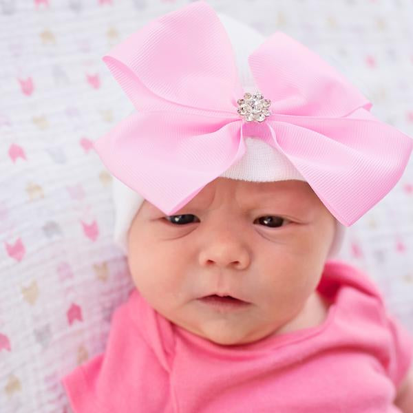 ilybean Vera Pink Bow on White Hospital Hat with Pink Ribbon Bow - newborn girl hat
