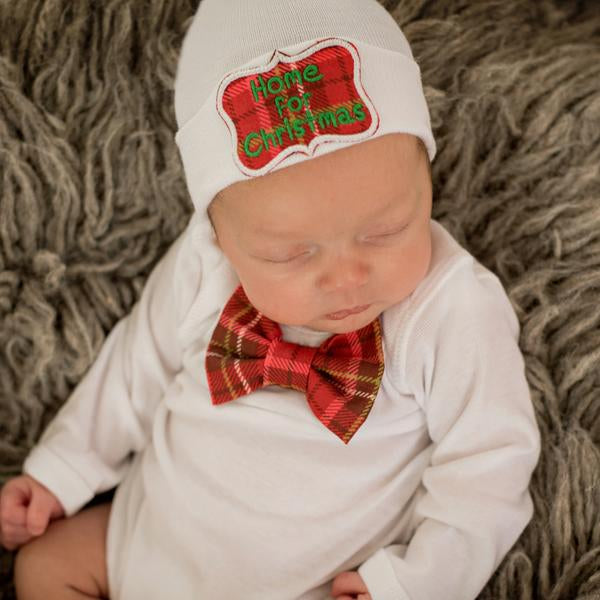 ilybean Home for Christmas Newborn Christmas Hospital Hat and Bow Tie Onsie Set SET