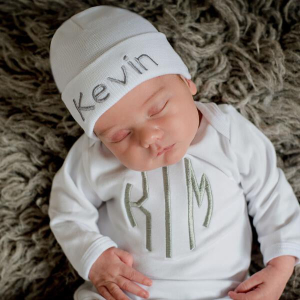 White Beanie with Matching White Onesie SET Newborn Welcome Home Set - Personalization Optional