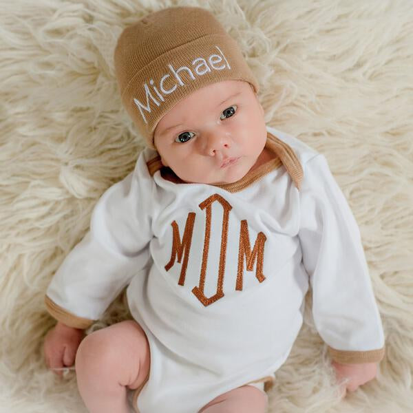 Tan Beanie with Matching White Onesie and Tan Trim SET Newborn Boy Welcome Home Set - Personalization Optional