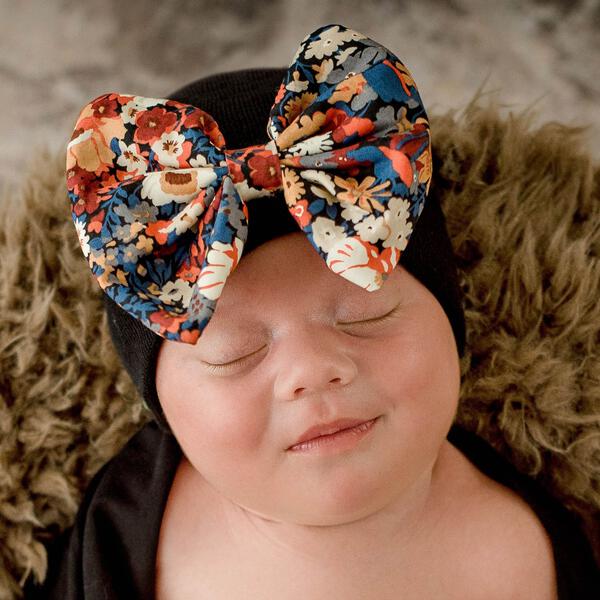 Fall Floral Bow with Black Newborn Girl Hospital Hat - Baby Girl Welcome Baby Hat