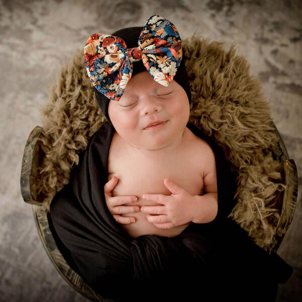 Fall Floral Bow with Black or White Newborn Girl Hospital Hat with MATCHING BLACK SWADDLE BLANKET