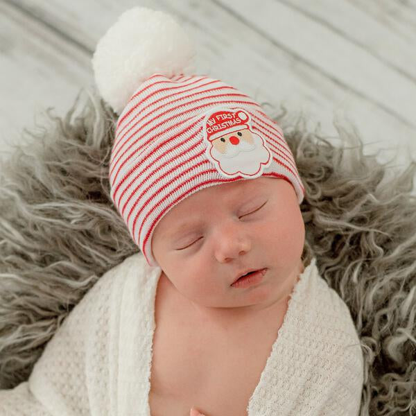 Striped ilybean First Christmas Hospital Hat With White Pom Pom Newborn Hospital Hat for Christmas Newborns