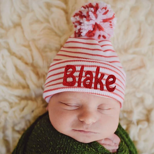 Candy Cane Striped Hat and Mixed Pom Pom - Personalization Available