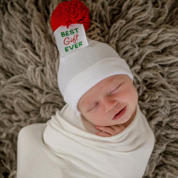 White Best Gift Ever Gift Tag Pom Pom Newborn Hospital Hat - Baby Christmas Hat