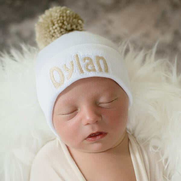White Beanie with Oatmeal Pom Pom Newborn Hospital Hat - Gender Neutral for newborn boys or girls- Personalization Optional