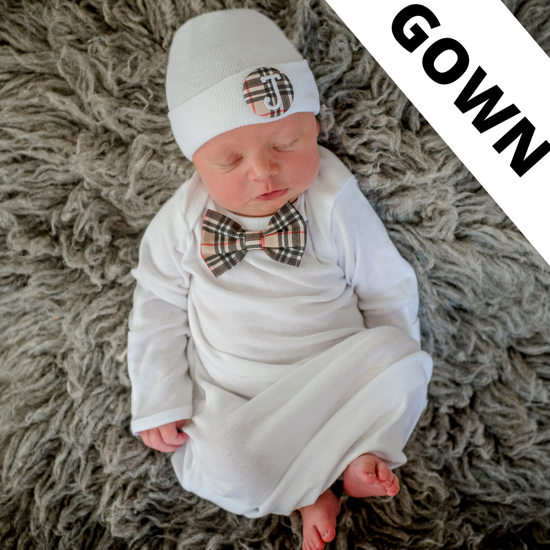 ilybean Fall Plaid Bow Tie Set For Newborn Boys - Hat with Plaid Button (inital optional) and matching White Onesie with Plaid Bowtie