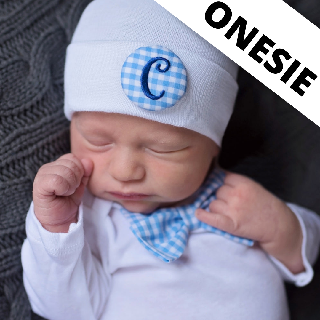 Newborn Blue And White Onesie Bodysuit With Gingham Bow Tie Boy And Initial Covered Button, Newborn Take Home Outfit