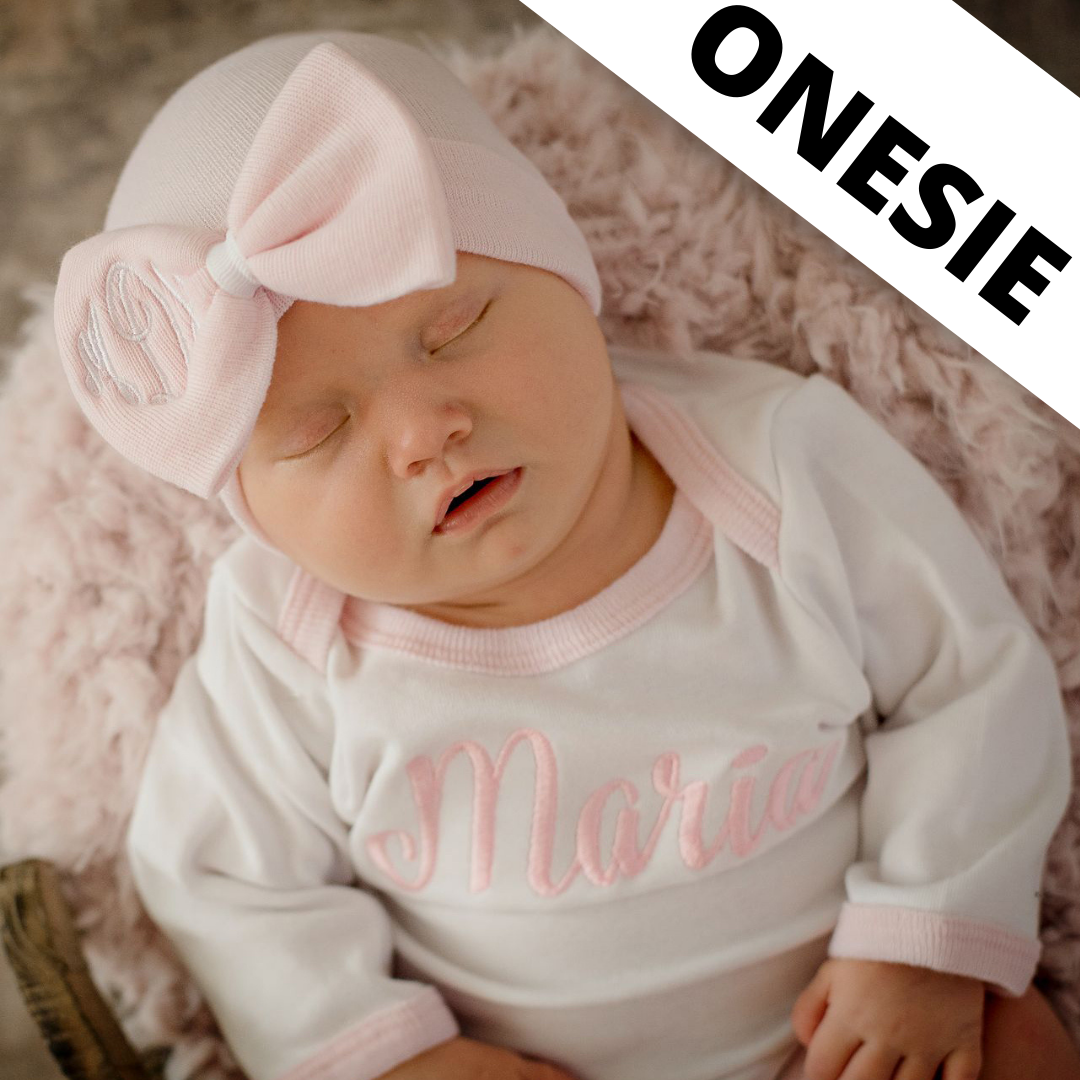 Personalized Pink Bow Hat Bow Monogram With Matching Onesie OR Gown SET (2 Piece SET)