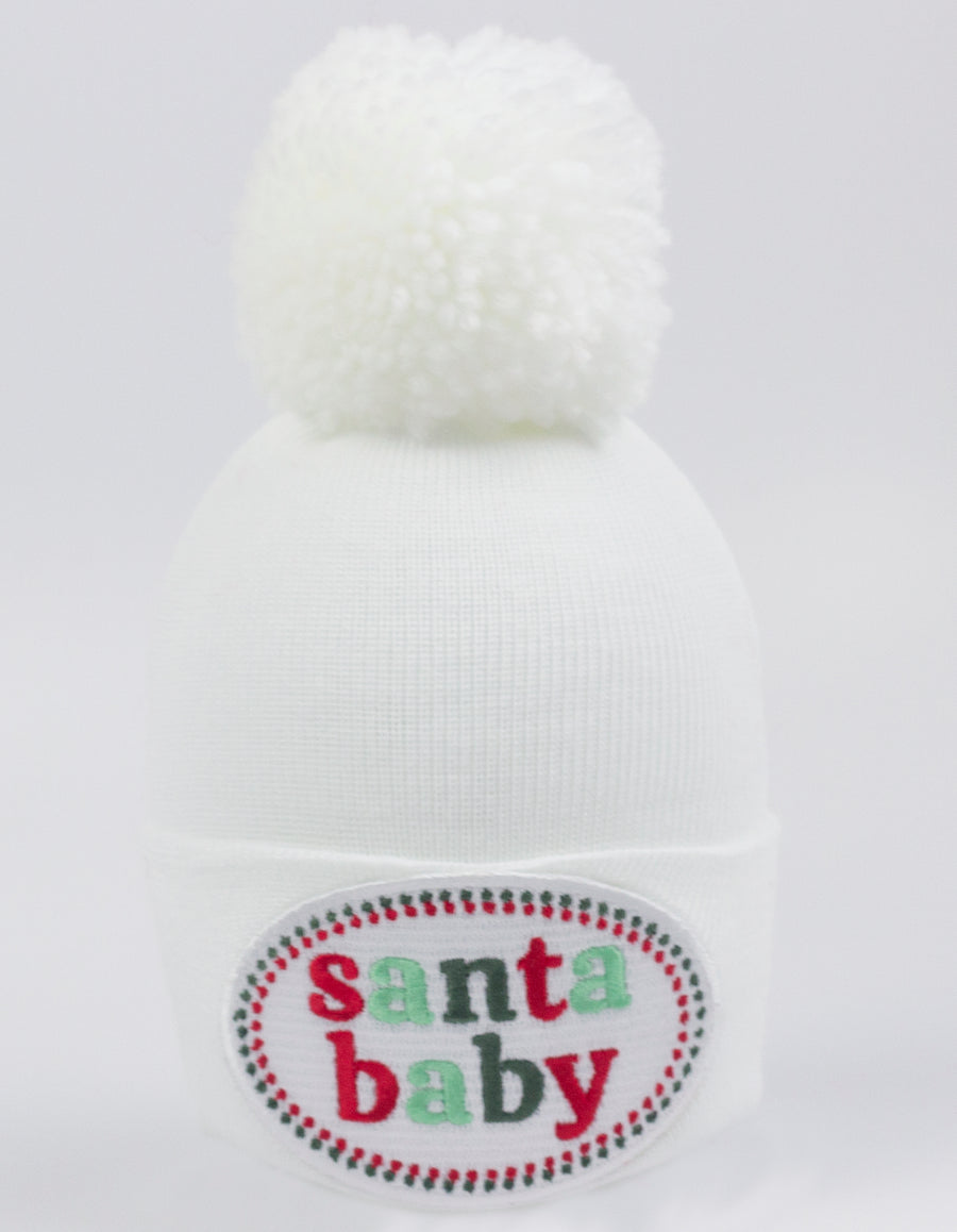 White Santa Baby Patch Pom Pom Newborn Hospital Hat - Baby Christmas Hat