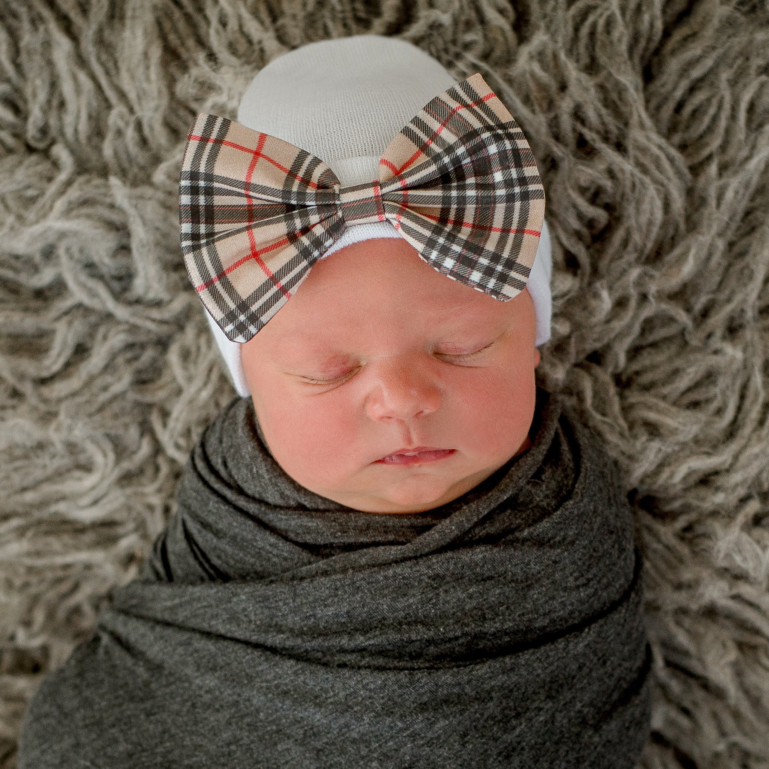 Fall Plaid Bow Newborn Girl Hospital Hat White or Black