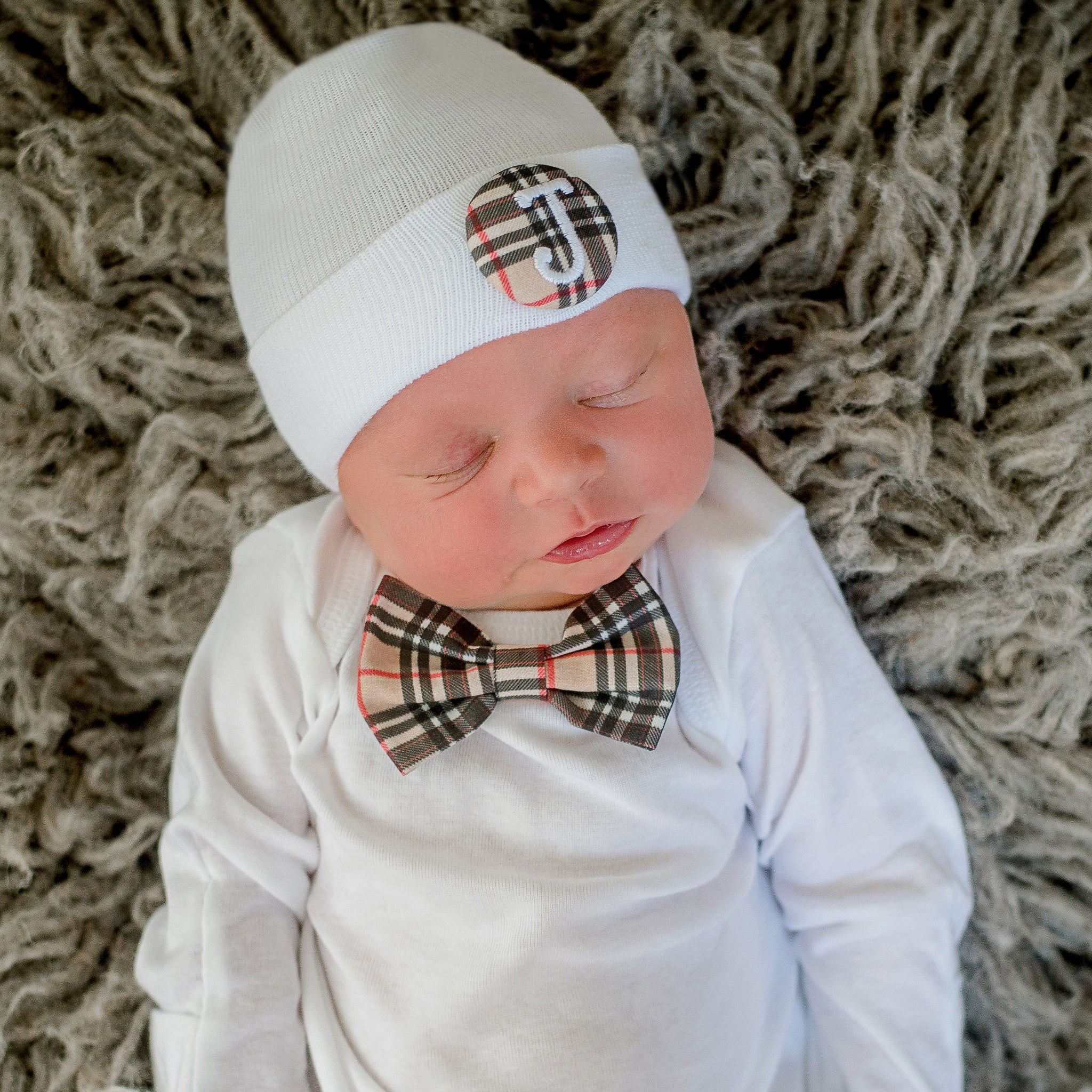 ilybean Fall Plaid Bow Tie Set For Newborn Boys - Hat with Plaid Button (inital optional) and matching White Onesie with Plaid Bowtie