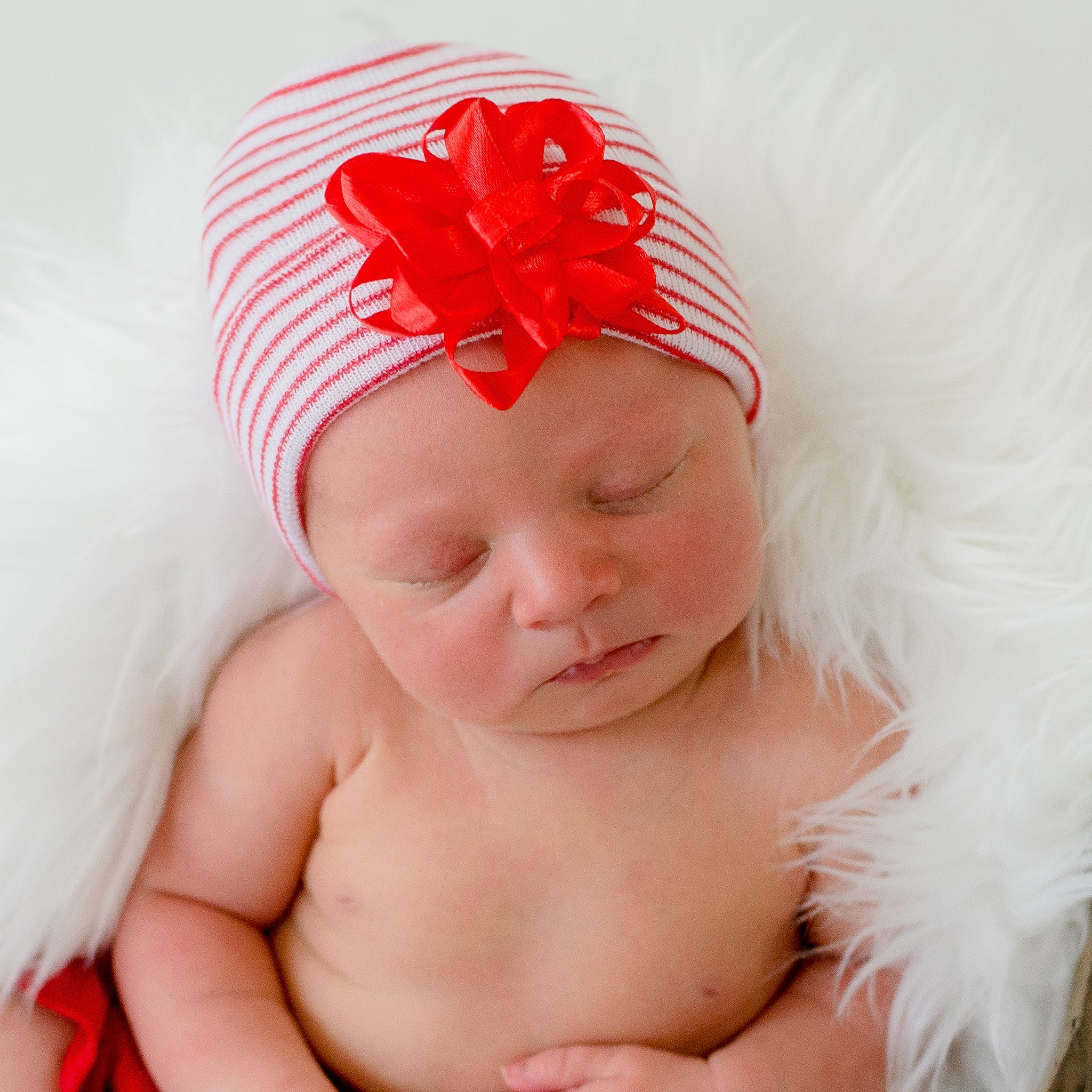 Christmas Bow Hat - White or Red and White Stripes with Red Christmas or Valentines Bow