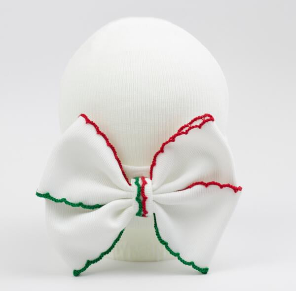 Scalloped Ribbon Bow Newborn Girls Hosptial Hat - White Christmas and Red Available