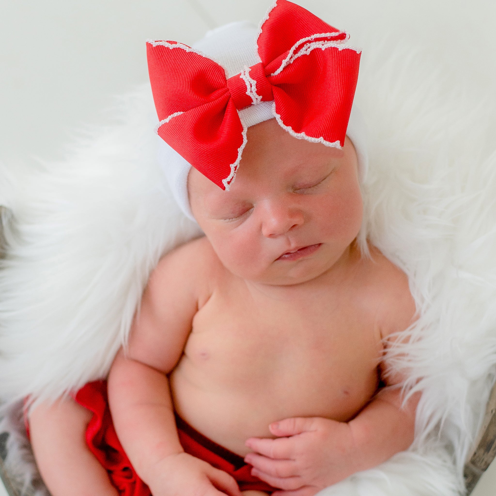 Scalloped Ribbon Bow Newborn Girls Hosptial Hat - Red and White