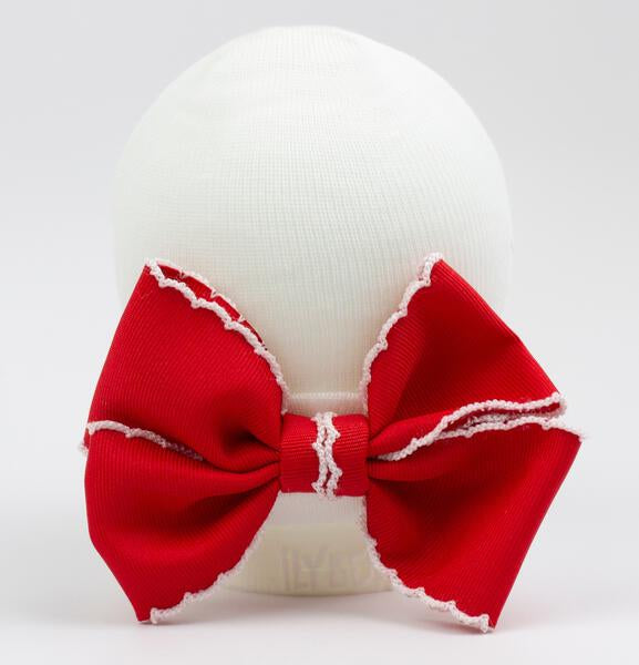 Scalloped Ribbon Bow Newborn Girls Hosptial Hat - Red and White