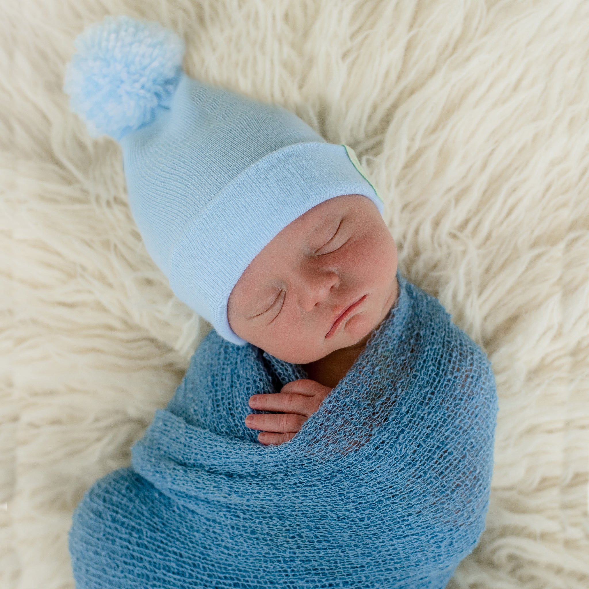 ilybean Baby Blue Beanie with MIXED Blue & White Pom Pom - Personalization Optional