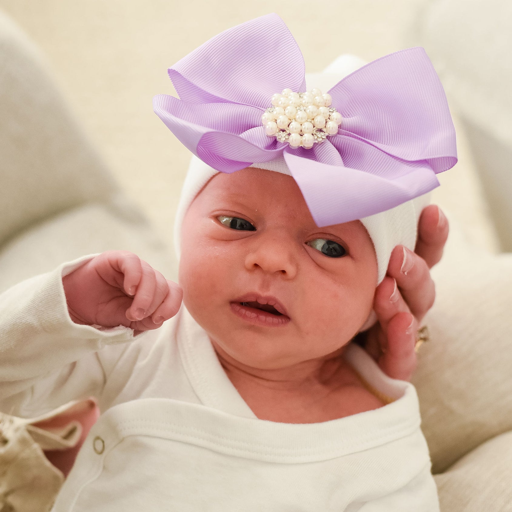 Violet Pearl Bow Newborn Girl Hospital Hat - White Hat with Purple Ribbon Bow
