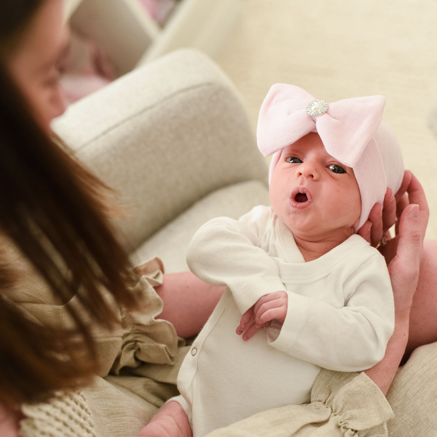 ilybean Aria Pink Big Bow Newborn Girl Hospital Hat with Pearl Rhinestone