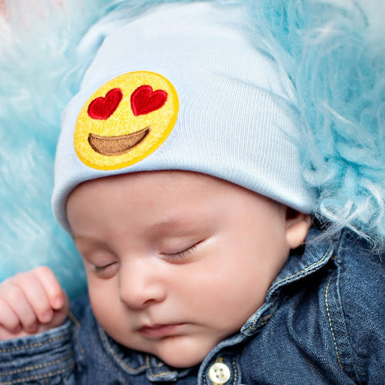 White, Blue or Pink Heart Eye Emoji Chenille Patch Newborn Hospital Hat - White, Blue and Pink Colors