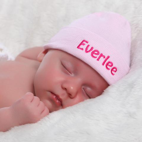 Solid Pink or White Personalized Newborn GIRL hospital hat with PINK Letters