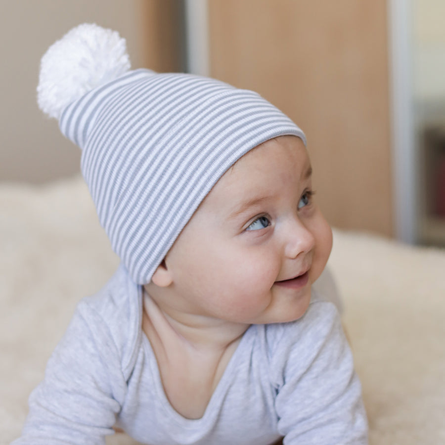 ilybean Striped Gray and White with White Pom Pom Newborn Boy Hospital Hat - Personalization Optional
