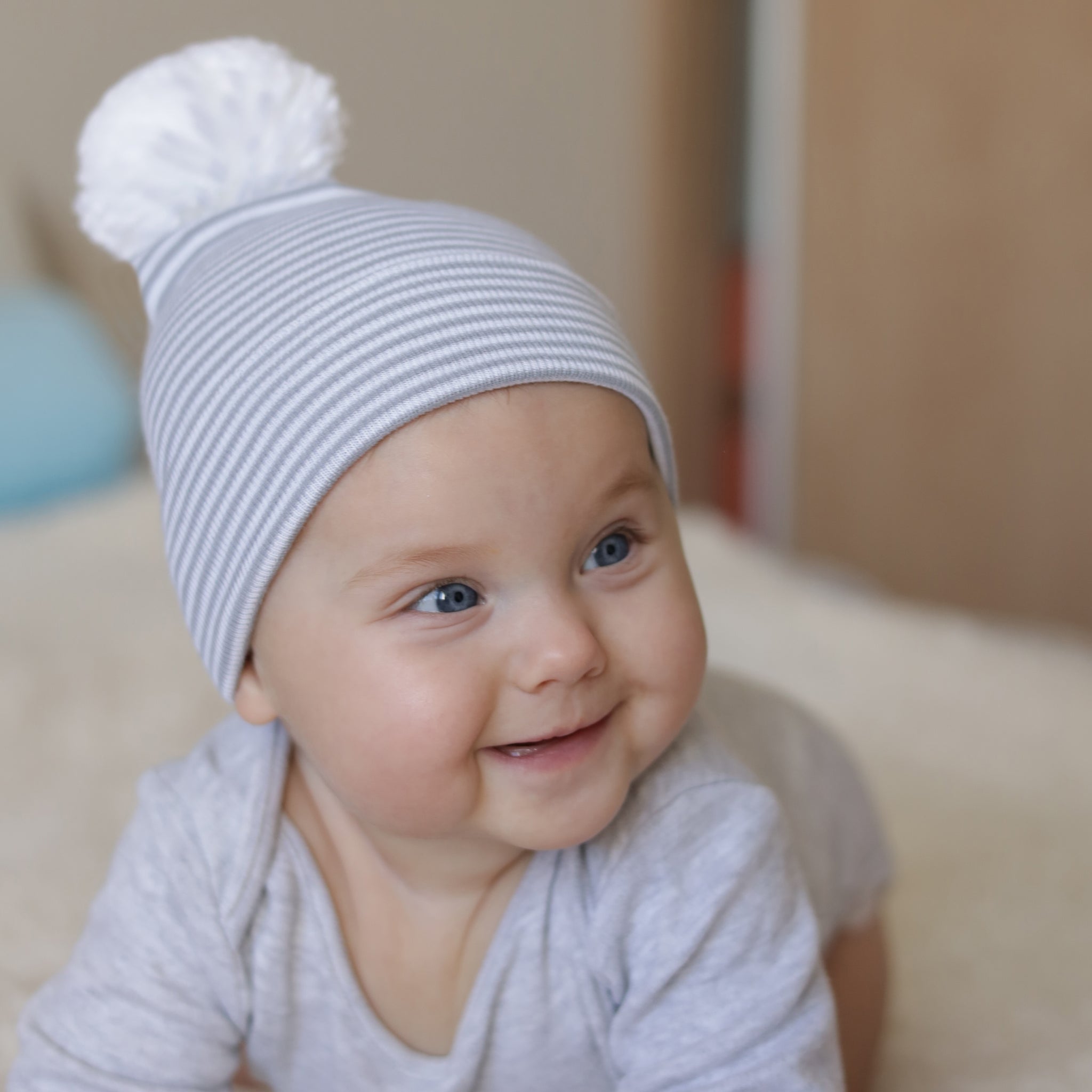 ilybean Striped Gray and White with White Pom Pom Newborn Boy Hospital Hat - Personalization Optional
