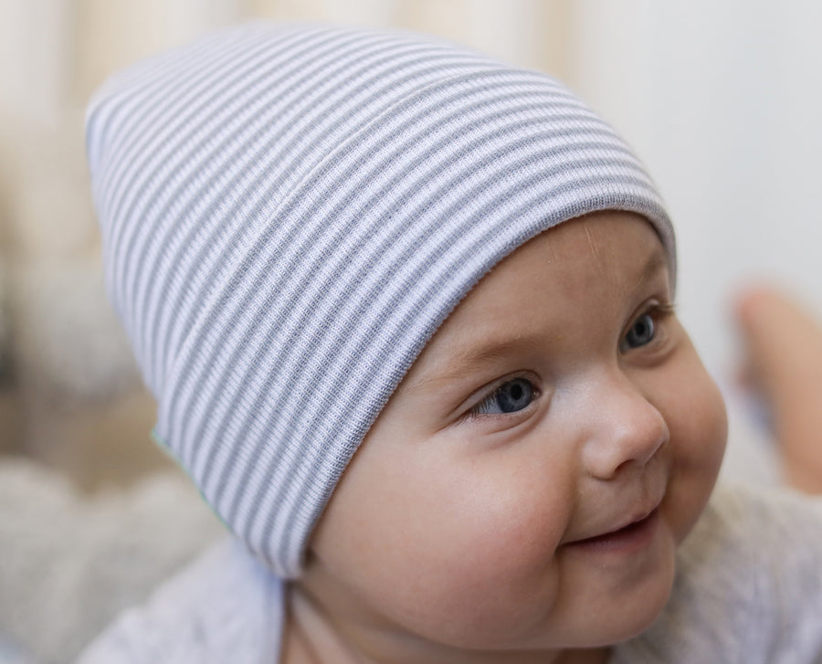 ilybean Personalized Gray & White Hospital Stripe Newborn Boy Hospital Hat and Nursery Beanie
