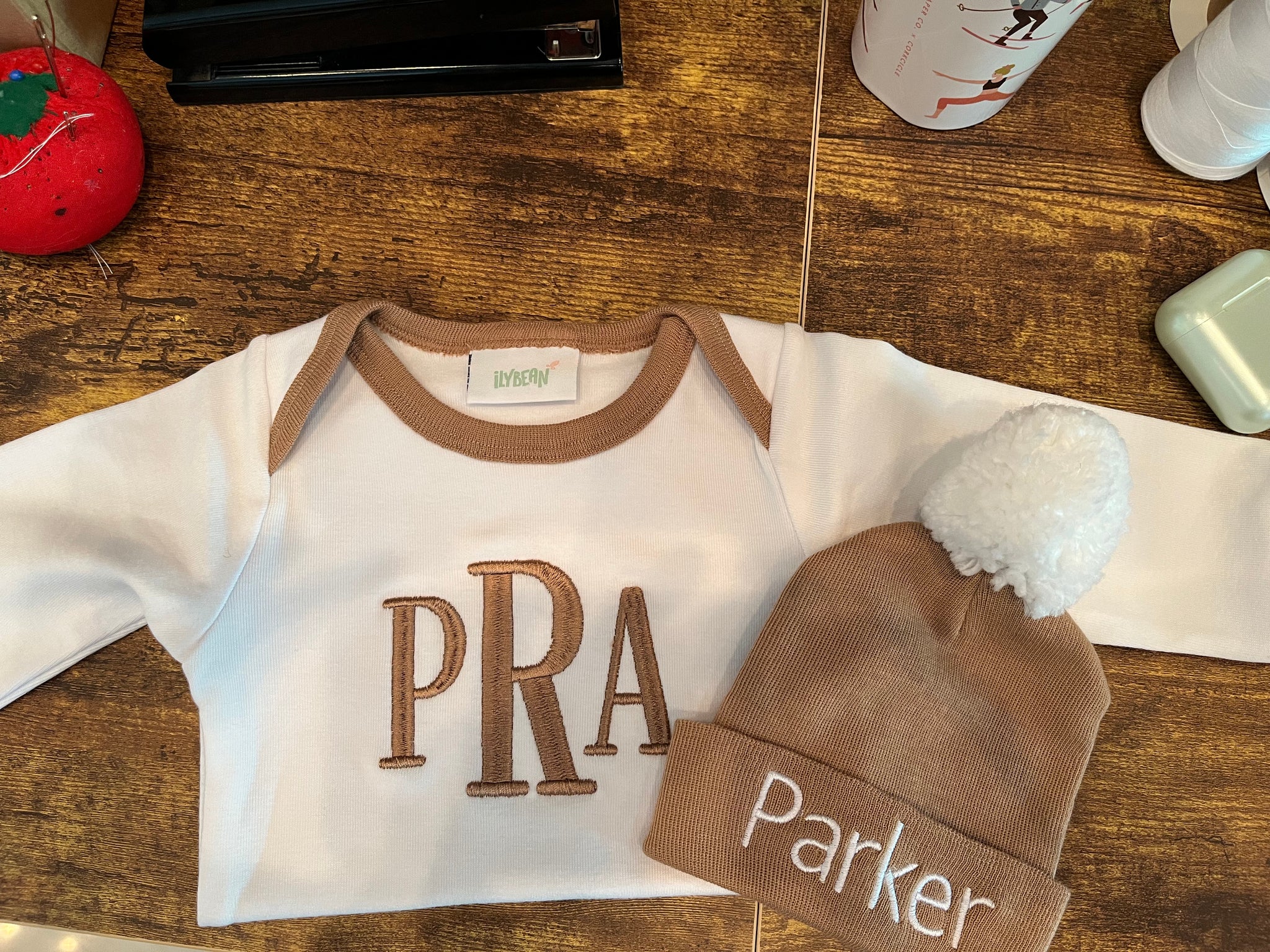 Tan Beanie with Matching White Onesie and Tan Trim SET Newborn Boy Welcome Home Set - Personalization Optional