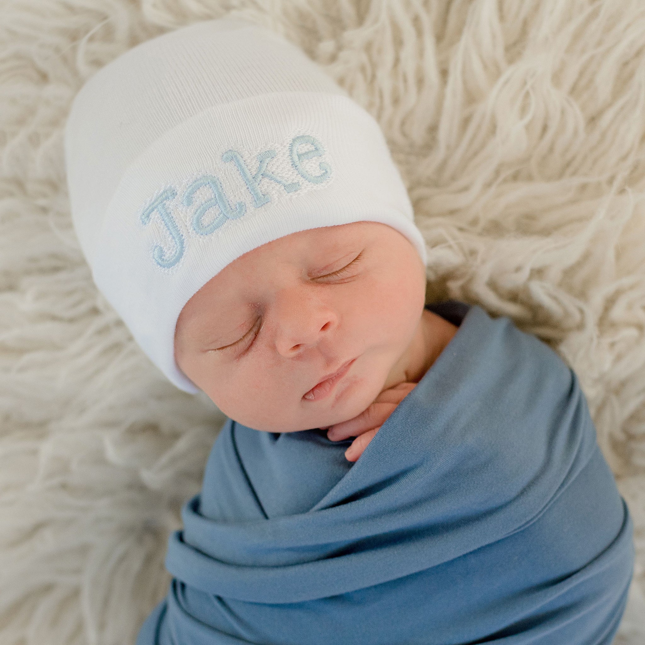 ilybean Personalized Shadow Stitch White, Blue or Pink Hospital Newborn Hospital Hat Nursery Beanie