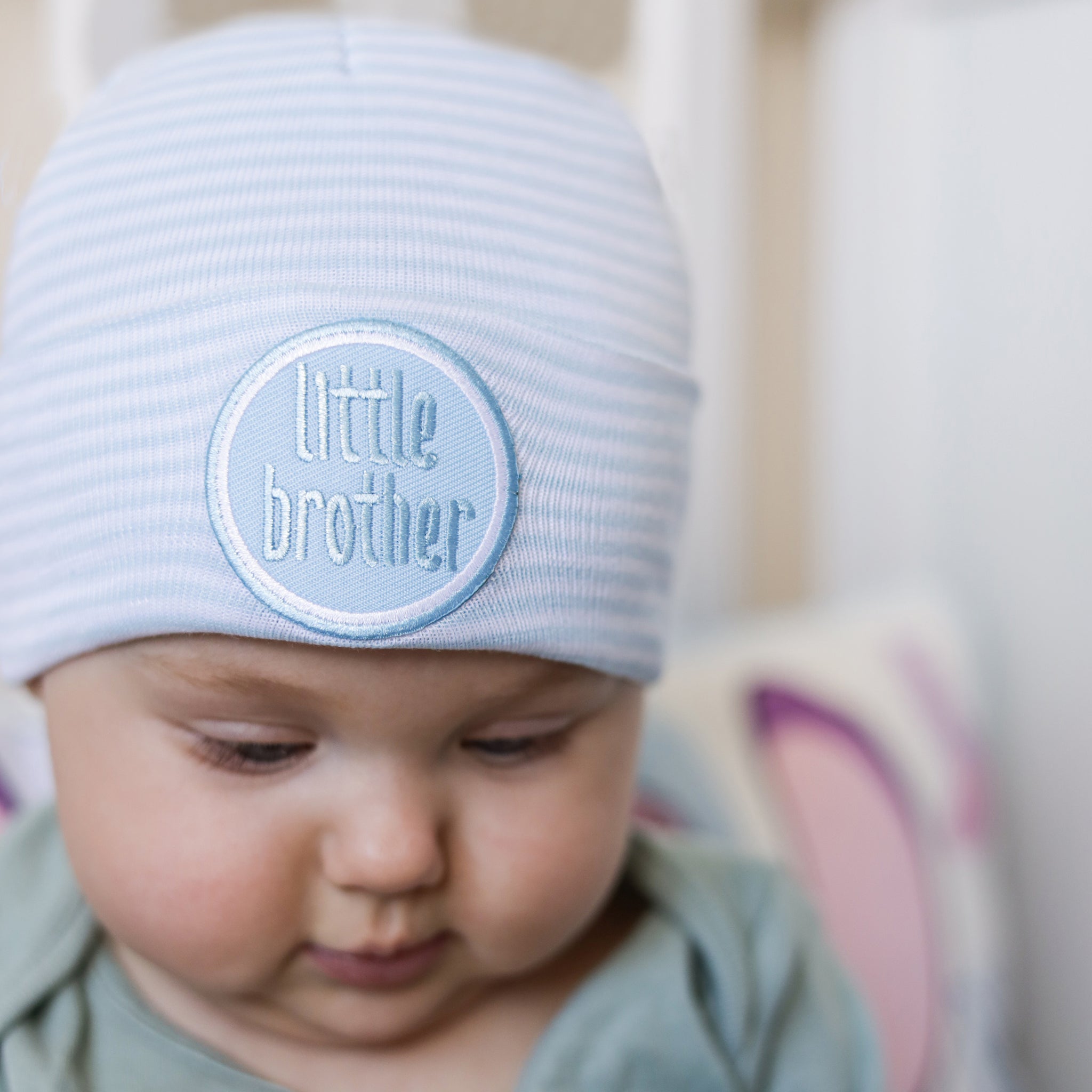 ilybean Baby Blue and White Striped Little Brother Newborn Boy Hospital Hat - Newborn Boy Hospital Hat